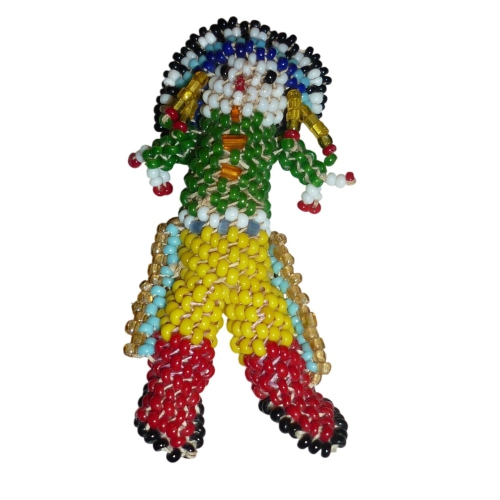 Vintage Beaded Native American Indian Doll Figure War Bonnet Pin Brooch 2.5"